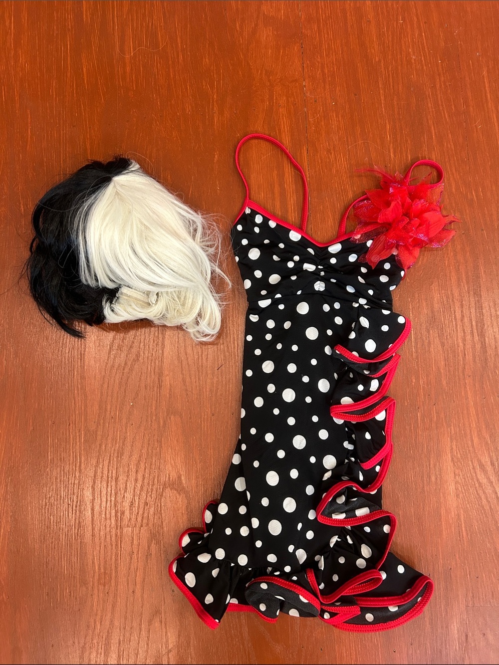 Black & White Polka Dot Kids Theater Dress with Red Trim and Flower Accent